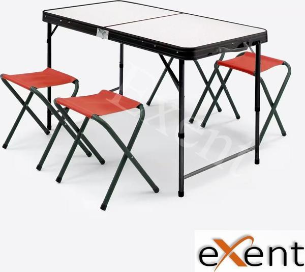 Exent Katlanır KADEMELİ Tabureli Çantalı Masa, Piknik Kamp Masası Seti-4 Tabureli - Image 1