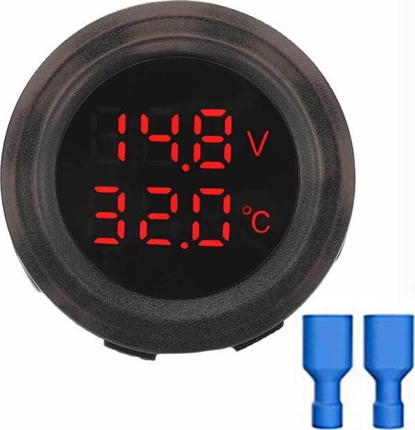 Alkatronik Yuvarlak Voltmetre Termometre 12V 24V Panel Tip Montaj Dijital Kırmızı Renk Led Sıcaklık Isı Voltaj - Image 1