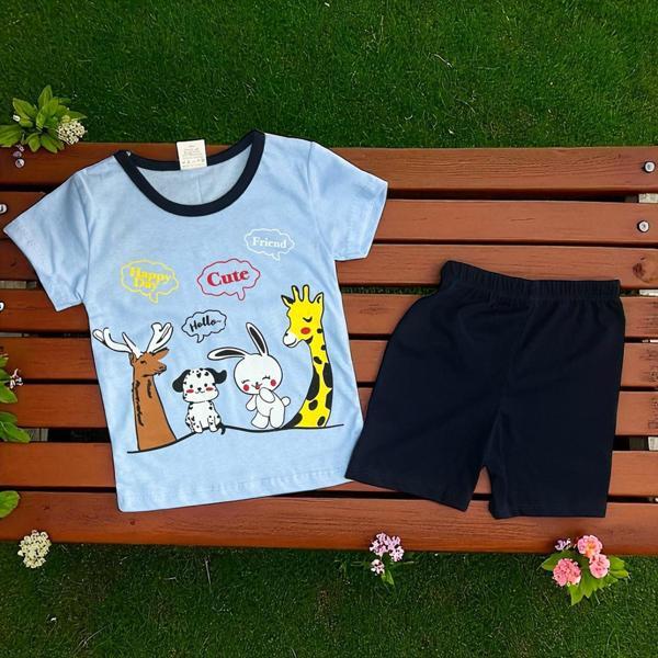 HAPPY DAY BASKILI TSHIRT ŞORT TAKIM Mavi - Image 1