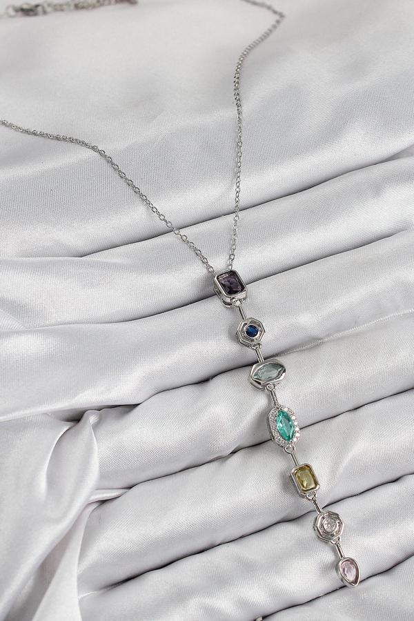 Zarif Kadın için Silver Pirinç Renkli Zirkonlu Y Kolye - Image 1