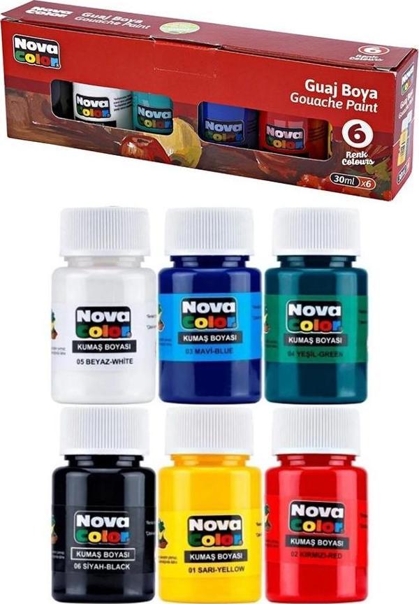 Guaj Boya 6 Renk 30 ml 1 Paket Nova Color Guaj Boya Seti 6 lı Su Bazlı Şişe Canlı Renkler Resim Okul - Image 1