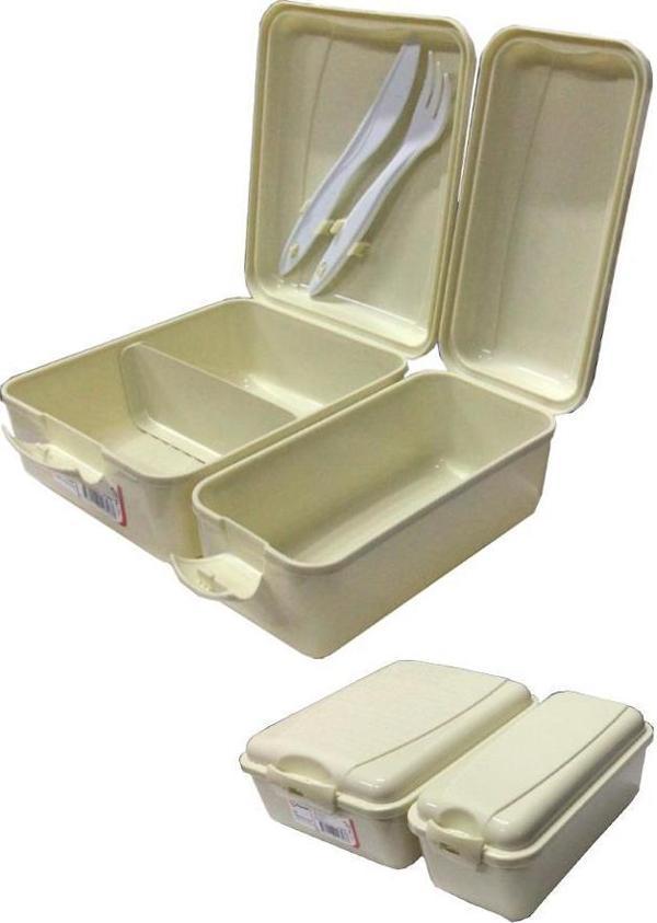 Beslenme Kutusu 2 Bölmeli Krem Renk 1 Adet Yemek Saklama Kabı Beslenme Çantası 17x22 cm - Image 1