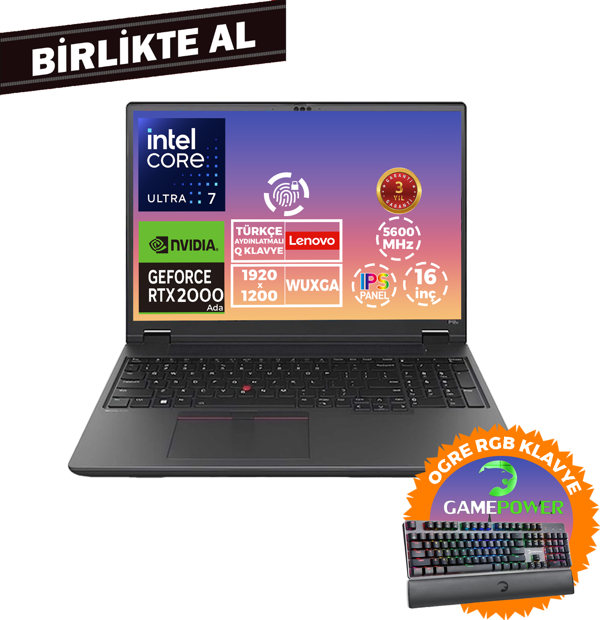 Lenovo MWS P16V G2 U7 165H 24GB 1TB SSD 8 GB RTX2000 16" W11P + Gaming Klavye 21KX001MTX 024 - Image 1