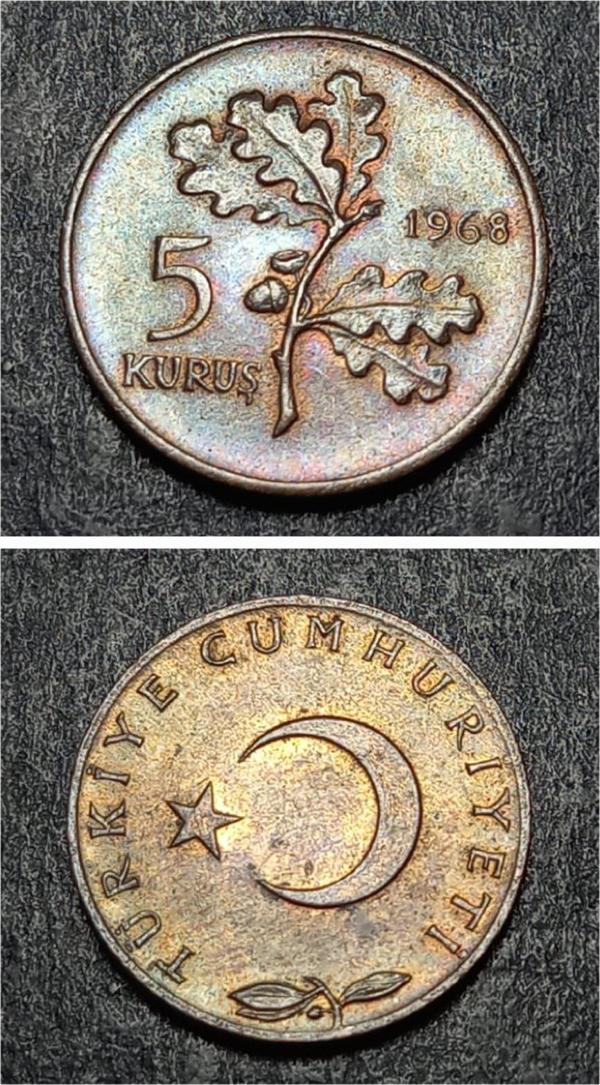 Escoines 399636889871eee4d5 1968 Bakır 5 Kuruş ÇİL Para - Image 1