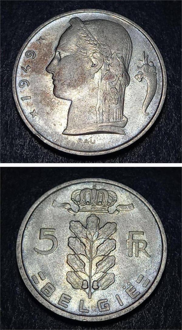 Escoines 39963688aac58e8280 Belçika 5 Frank 1948 ÇT+ Para Ceres Roma tarım tanrıçası - Image 1