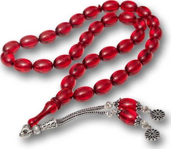 Gümüş Kırmızı Ateş Kehribar Tesbih SL12465 - Image 1