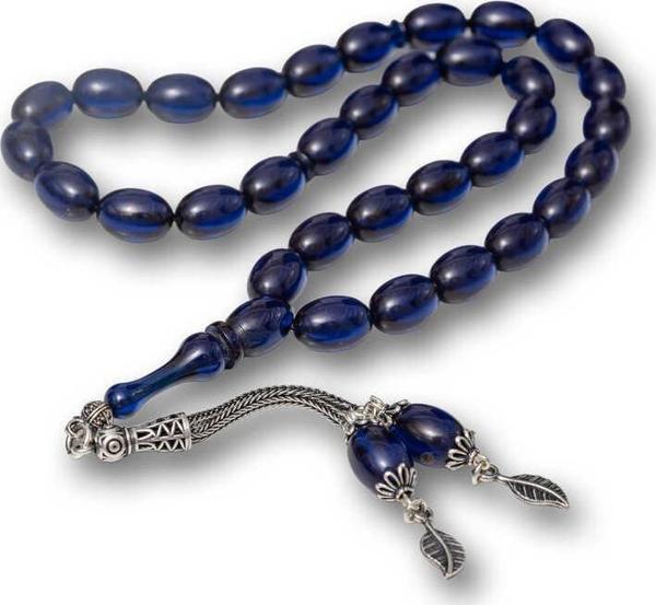 Gümüş Püsküllü Lacivert Sıkma Kehribar Tesbih SL12593 - Image 1