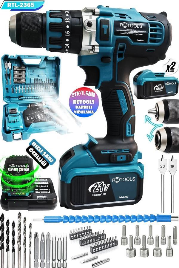 RETOOLS RTL-2365 21V/1.5Ah DARBE FONKSİYONLU ŞARJLI VİDALAMA SETİ - Image 1