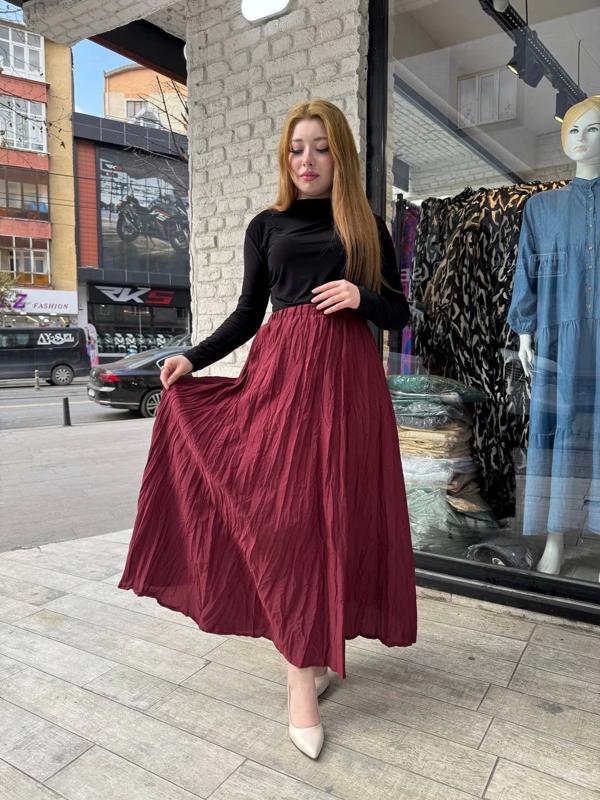 Bordo Bilek Hizasında Kabartmalı Uzun Bol Kesim Kraş Etek (Tesettür İçin Uygun) - Image 1