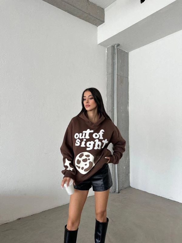 3 iplik şardonlu oversize compact out of baskılı sweat kahve - Image 1