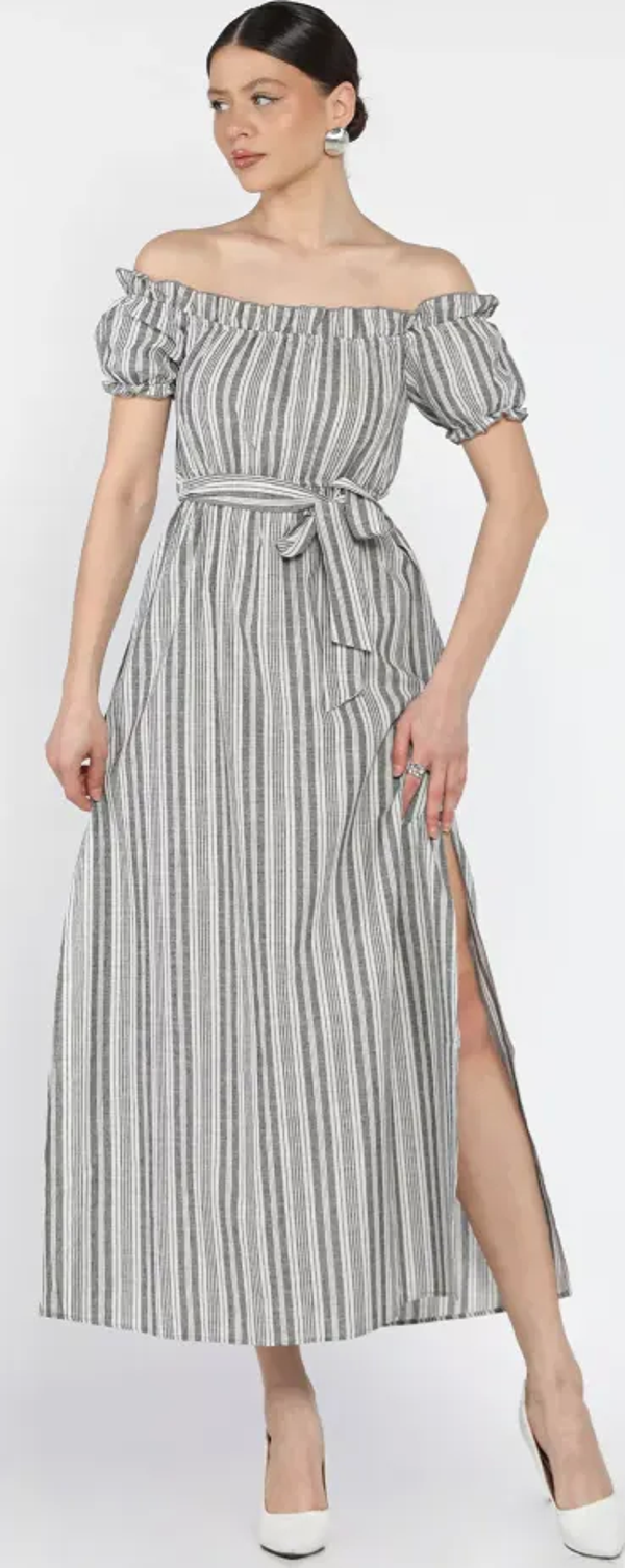 Madonna Yaka Midi Yırtmaçlı Kuşaklı UzunKeten Elbise - Image 1