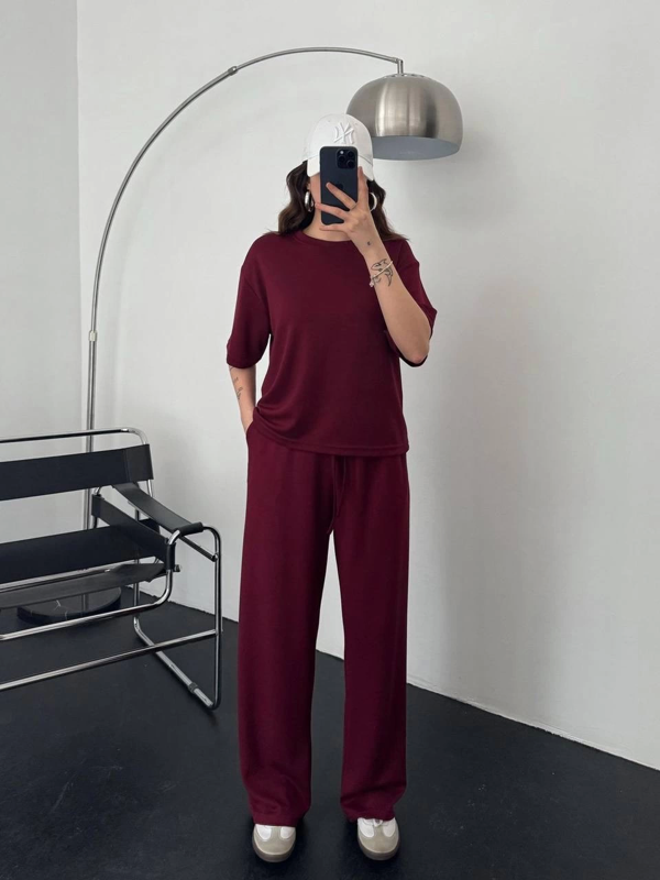 Modal Regular Rahat Kesim Bordo Düz Desen Trend Basic Tişört Eşofman Takım - Image 1