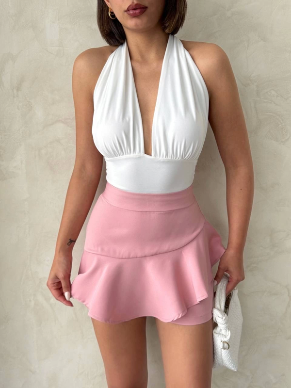 Pembe Valonlı Fırfırlı Yüksek Bel Mini Şort Etek - Image 1