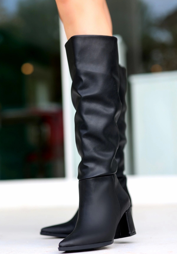 Roksa Siyah Cilt Topuklu Çizme - Image 1