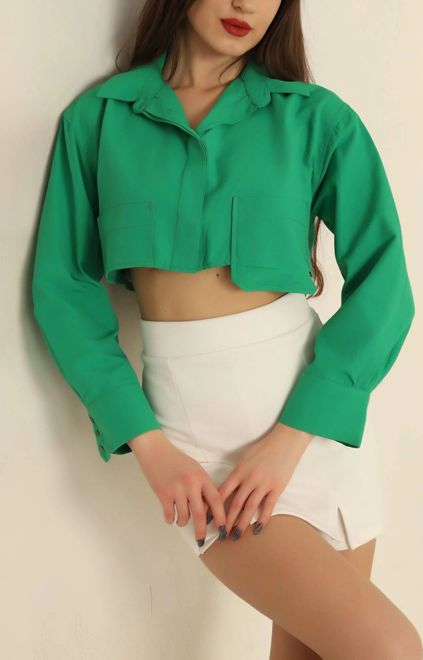 Poplin crop gömlek yeşil s3060 - Image 1