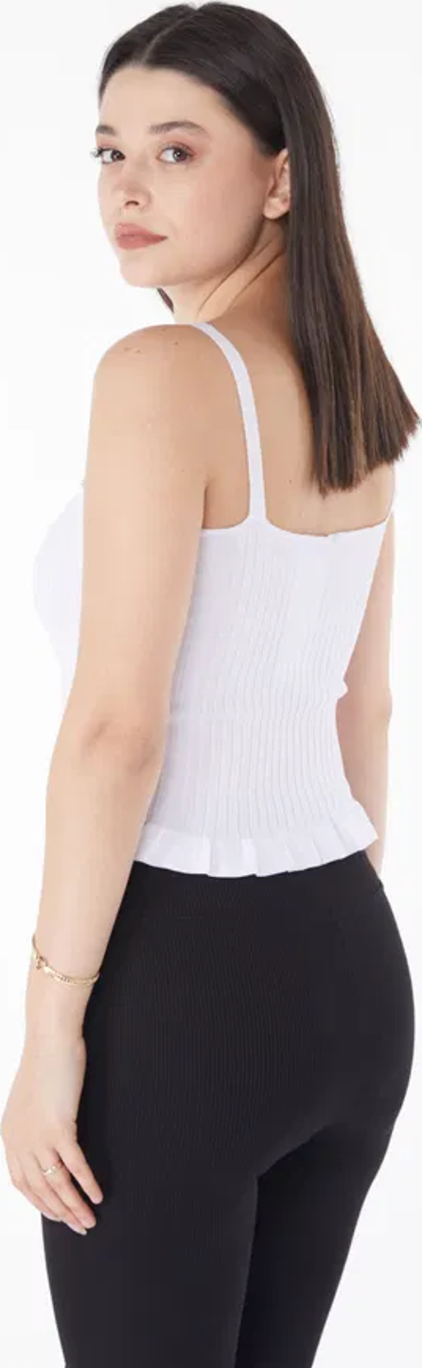 Yazlık İnce Askılı Beyaz Eteği Volanlı Triko Croptop/Büstiyer - Image 1