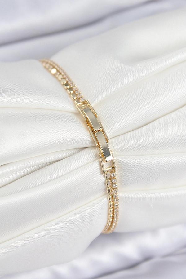 Zarif Kadın için Golden Pirinç Zirkonlu Ezme Zincirli Sıralı Bilekilk - Image 1