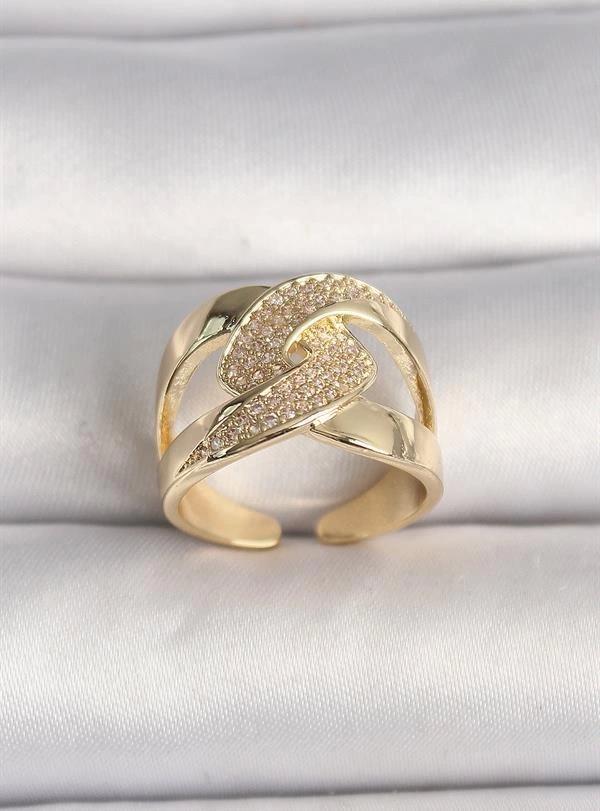 Pirinç Gold Renk Ayarlanabilir Zirkon Taşlı Kadın Yüzük - Image 1
