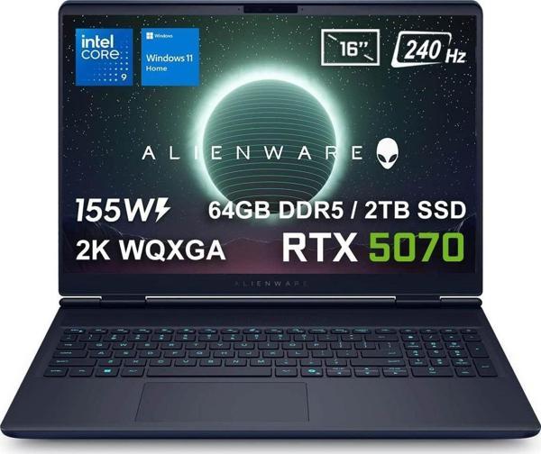 Dell Alienware 16X Aurora Intel Core Ultra 9-275HX 64GB DDR5 2TB SSD RTX5070 8GB 155W 16 inç 2K WQXGA 240Hz 3ms WVA W11 Home Gaming Laptop (AC16251-CU932157Wv3) - Image 1