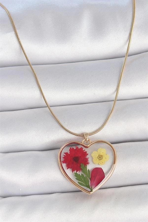 316L Çelik Gold Renk Zincir Epokis Kalp Doğal Çiçek Model Kadın Kolye - Image 1