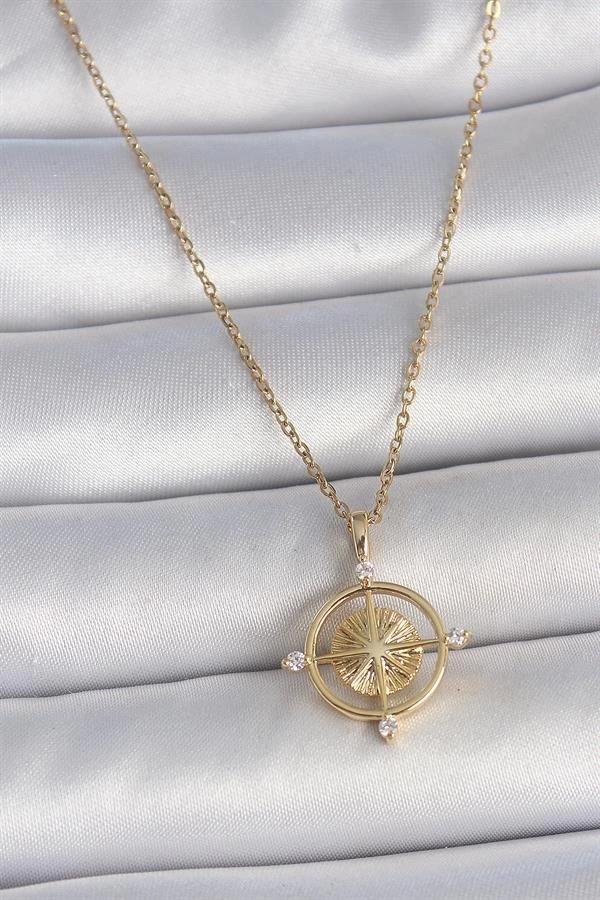 316L Çelik Gold Renk Zincir Zirkon Taşlı Pusula Model Kadın Kolye - Image 1