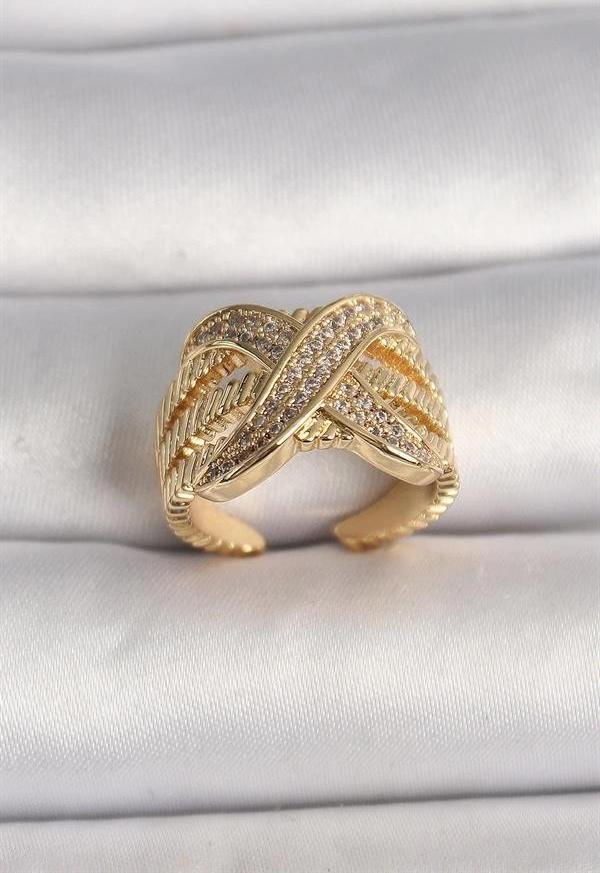 Pirinç Gold Renk Ayarlanabilir Zirkon Taşlı X Model Kadın Yüzük - Image 1
