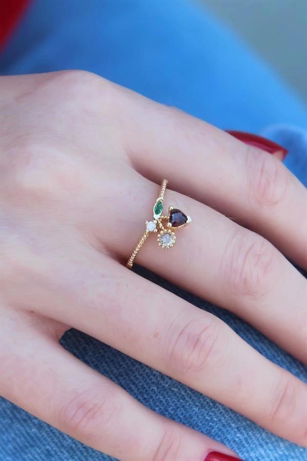 Gold Renk Kiraz Model Zirkon Taşlı Kadın Yüzük - Image 1