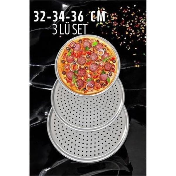 BUĞZ Delikli Pizza Lahmacun Tepsisi Çelik 32-34-36 CM 3 lü SET - Image 1