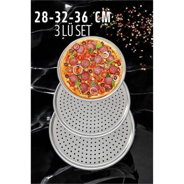 BUĞZ Delikli Pizza Lahmacun Tepsisi Çelik 28-32-36 CM 3 lü SET - Image 1