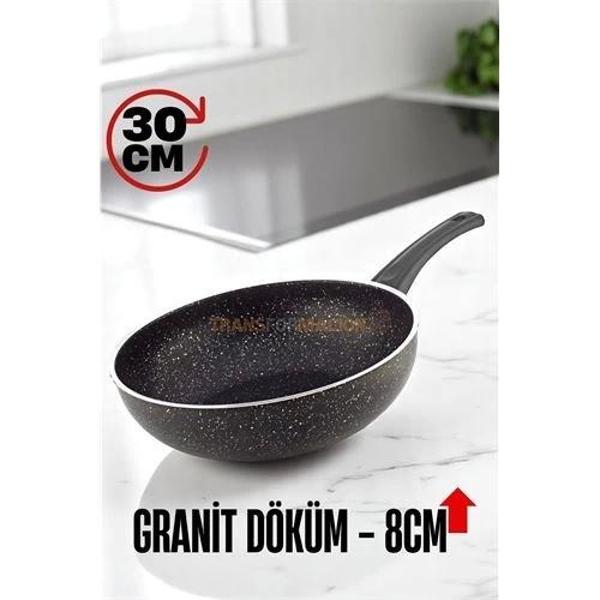 BUĞZ Granit Döküm 8 Cm Derin Wok Tava - Yapışmaz Wok Tava -  30 Cm - Image 1