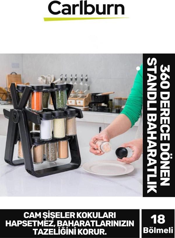 Özel Tasarım Dayanıklı Mutfak 360 Derece Dönen Standlı 18 Adet 100ml Cam Baharatlık 34x26x23 cm - Image 1