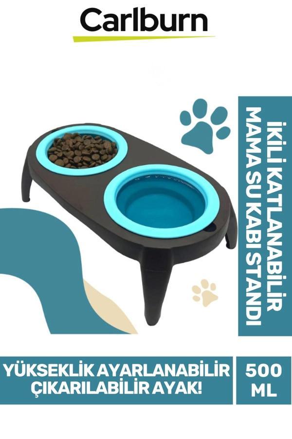 Premium Ayarlanabilir Yükseklik Kedi Köpek İkili Katlanabilir Evcil Hayvan Mama Su Kabı Standı 500Ml - Image 1