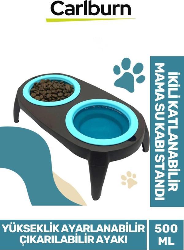 Premium Ayarlanabilir Yükseklik Kedi Köpek İkili Katlanabilir Evcil Hayvan Mama Su Kabı Standı 500Ml - Image 1