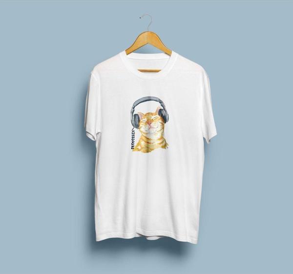 Oversize Müzik Dinleyen Kedi Tasarım Unisex T-shirt - Image 1