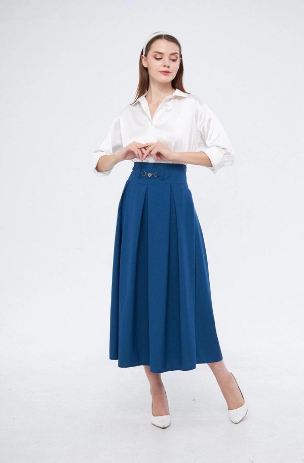 apsen Kadın İndigo Metal Aksesuar Detaylı Mevsimlik Kloş Tesettür Etek 2054/90 - Image 1