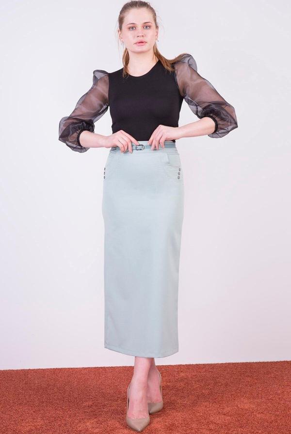 Apsen Kadın Mint Kemerli Süs Cep Detaylı Mevsimlik Uzun Kalem Etek 2090/95 - Image 1