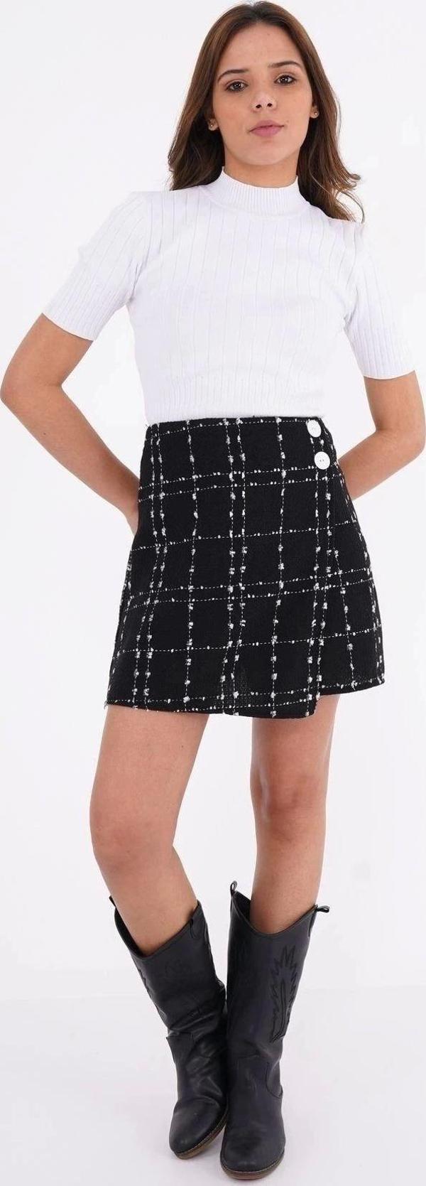 Kadın Düğmeli Tüvit Kumaş Mini Dokuma Etek 2188/45 - Image 1