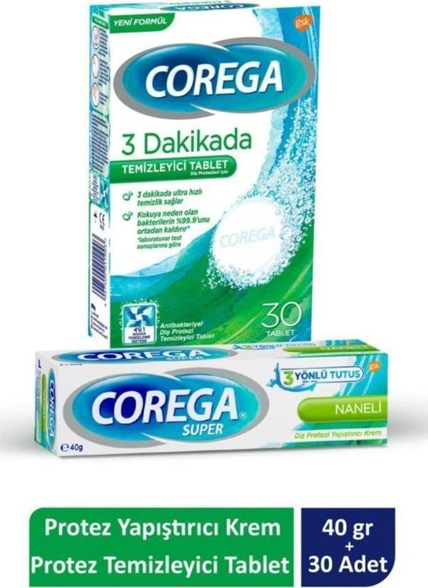 Corega Süper Protez Yapıştırıcı Krem Naneli 40Gr + Cleanser Bio Temizleme Tableti 30'Lu - Image 1