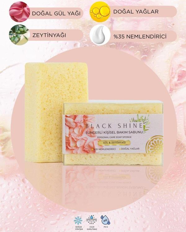 Black Shine Bs Doğal Gül Ve Zeytinyağı Içerikli, %35 Nemlendiricili, Süngerli Kişisel Katı Bakım Sabunu 100 Gr - Image 1