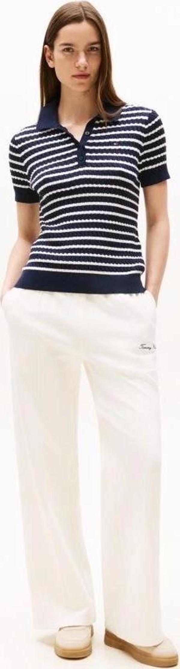 Tommy Hilfiger Kadın Pamuklu İnce Örgü Kısa Kollu Mavi Polo Yaka Kazak WW0WW414740BB - Image 1
