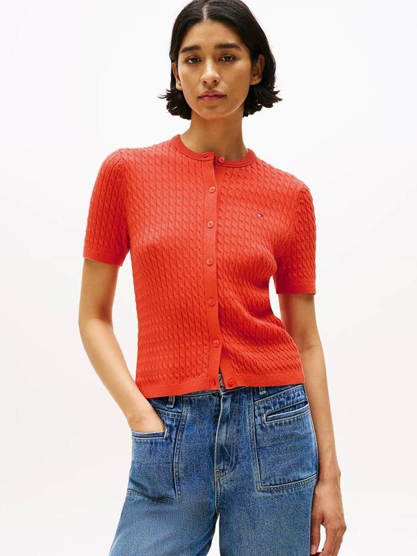 Tommy Hilfiger Kadın Pamuklu İnce Örgü Kısa Kollu Bisiklet Yaka Turuncu Kazak WW0WW45707SCX - Image 1