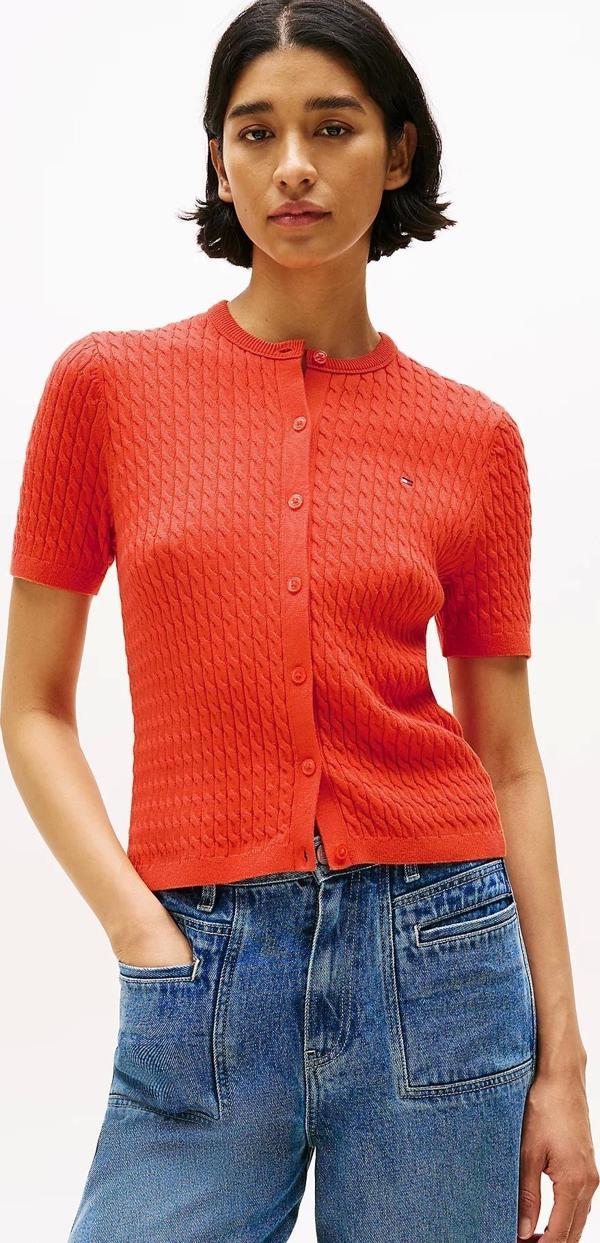 Tommy Hilfiger Kadın Pamuklu İnce Örgü Kısa Kollu Bisiklet Yaka Turuncu Kazak WW0WW45707SCX - Image 1