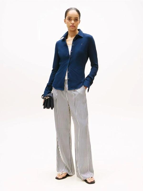 Tommy Hilfiger Kadın 1985 Dar Kesim Pike Uzun Kollu Mavi Gömlek WW0WW43528C1G - Image 1