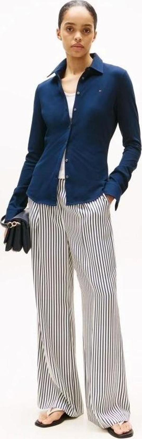 Tommy Hilfiger Kadın 1985 Dar Kesim Pike Uzun Kollu Mavi Gömlek WW0WW43528C1G - Image 1