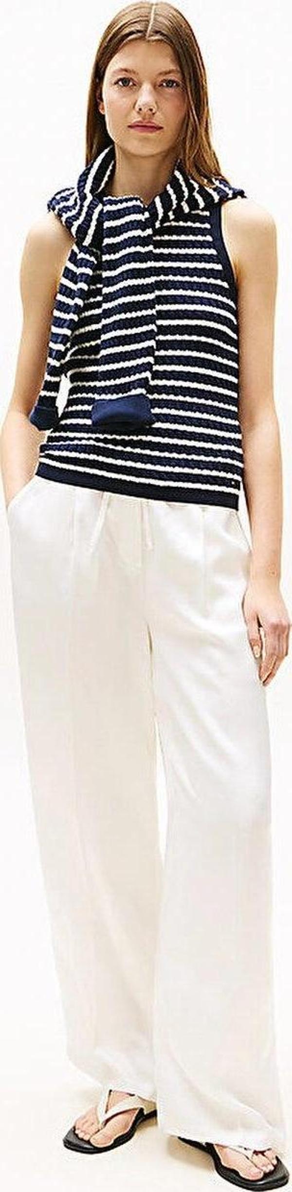 Tommy Hilfiger Kadın Pamuklu İnce Örgü Kolsuz Dar Kesim Mavi Kazak WW0WW457060BB - Image 1