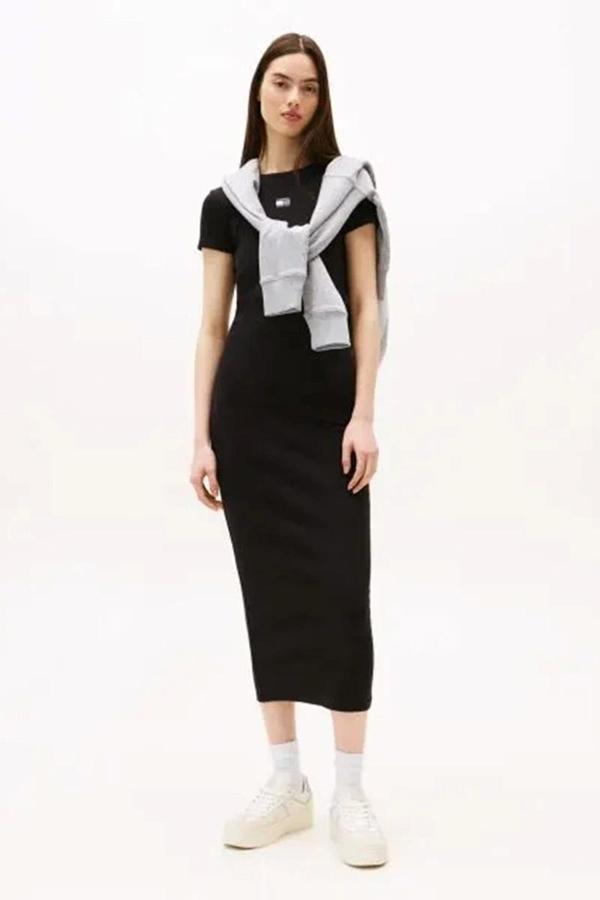Tommy Jeans Kadın Armalı Fitilli Midi Siyah Elbise DW0DW20873BDS - Image 1