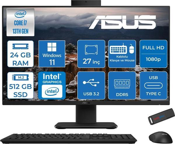 Asus V470VAK Intel Core I7-13620H 24GB Ddr5 512GB SSD 27'' Fhd 100Hz 300NITS Windows 11 Home Siyah Allınone Bilgisayar ASI716512B0DH07+ZETTAUSBBELLEK - Image 1