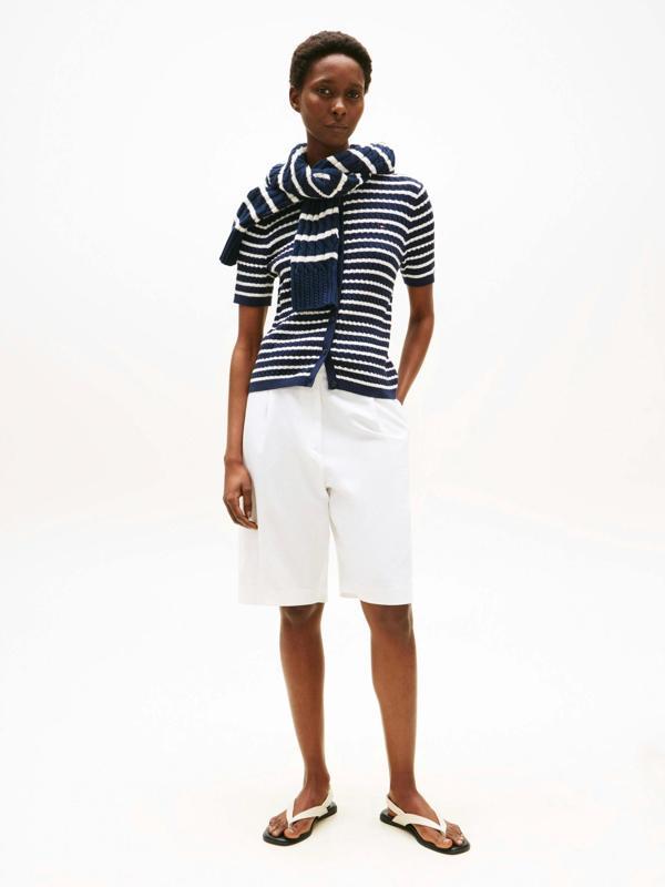 Tommy Hilfiger Kadın Pamuklu İnce Örgü Kısa Kollu Bisiklet Yaka Mavi Kazak WW0WW457070BB - Image 1