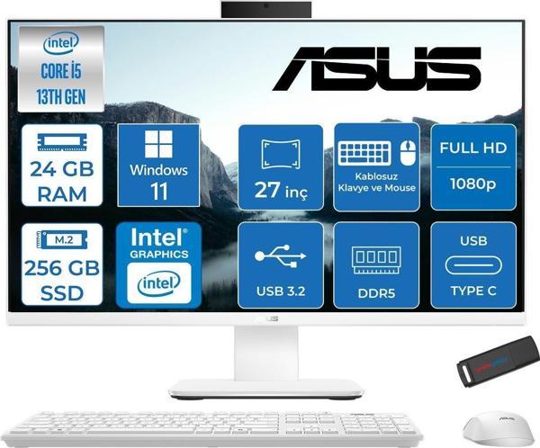 Asus V470VAK Intel Core İ5-13420H 24GB Ddr5 256GB SSD 27'' Fhd 100Hz 300NITS Windows 11 Home Beyaz Allınone Bilgisayar ABI58512W0DH06+ZETTAUSBBELLEK - Image 1