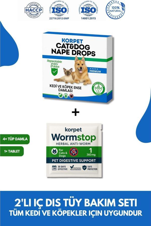 Kor Pet 2'Li Set Kedi Köpek İç Dış Deri Tüy Bakım Bitkisel 4 Damla Ve 1 Tablet Paketi (Parazit) - Image 1